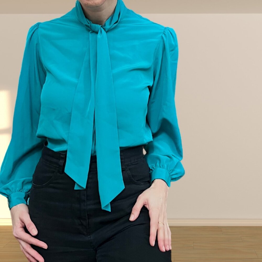 Vintage Talbots Teal Tie Neck Blouse Long Sleeve Size 4